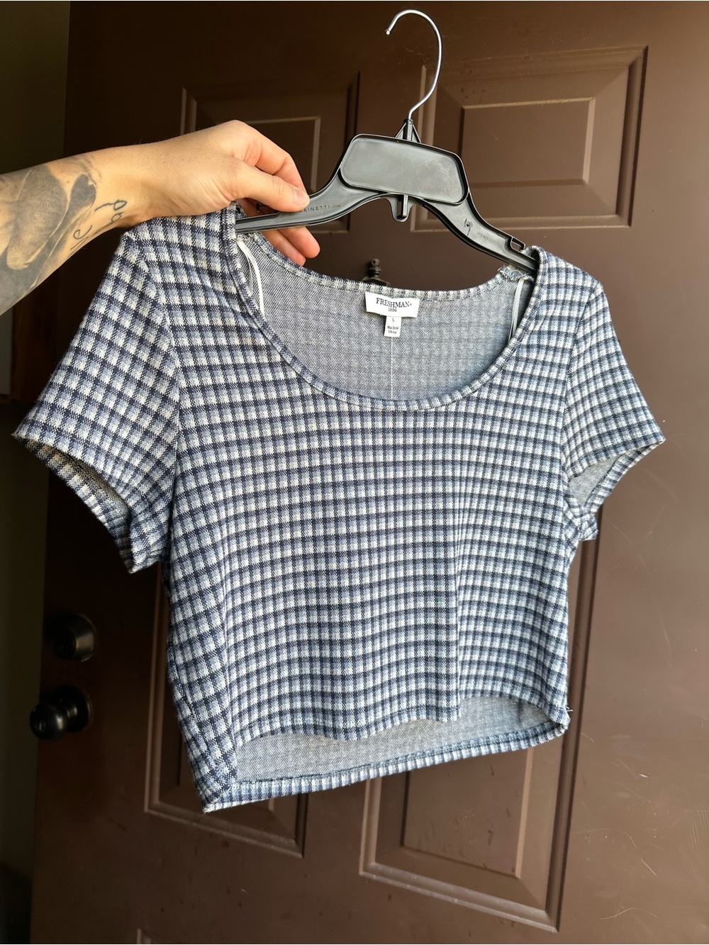 Freshman 1996 Navy Check Scoop Neck Crop Top